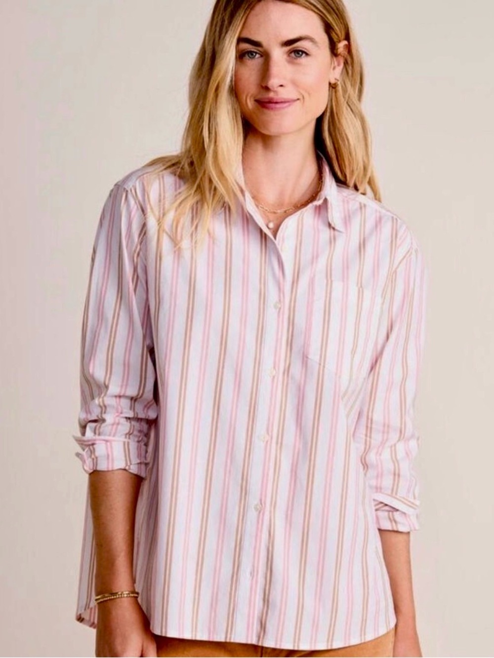 Vineyard Oversized Poplin Striped Button-Down Shirt Pink Brown Preppy Sz XS